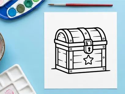 Cofre de tesoro de madera clásica con estrella y cerradura. Caja de botín pirata vintage para temas de aventura y fantasía.
