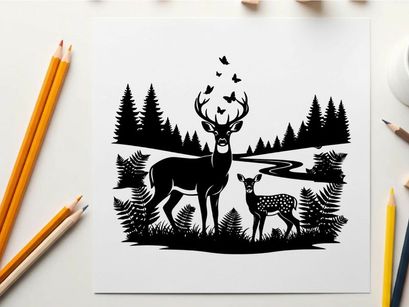 Silhouette of deer and fawn in forest with trees and birds