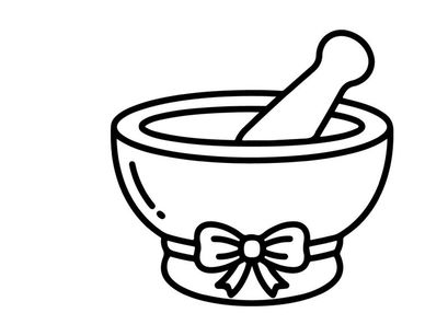 Mortar and pestle with decorative bow for herbal remedies. Classic apothecary tool for grinding spices, medicine, or natural ingredients.