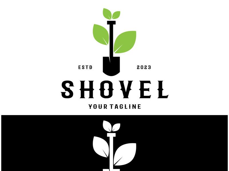 Shovel logo for agriculture, excavation,building, mining foundation. gardening vector set design with leaves