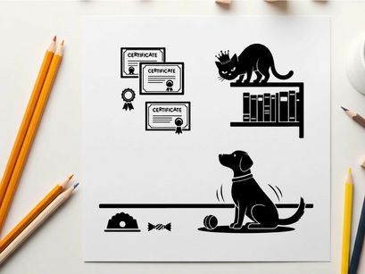 Silhouette of dog and cat with certificates and books
