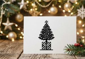 Black and white Christmas tree icon with gift box silhouette for holiday design projects