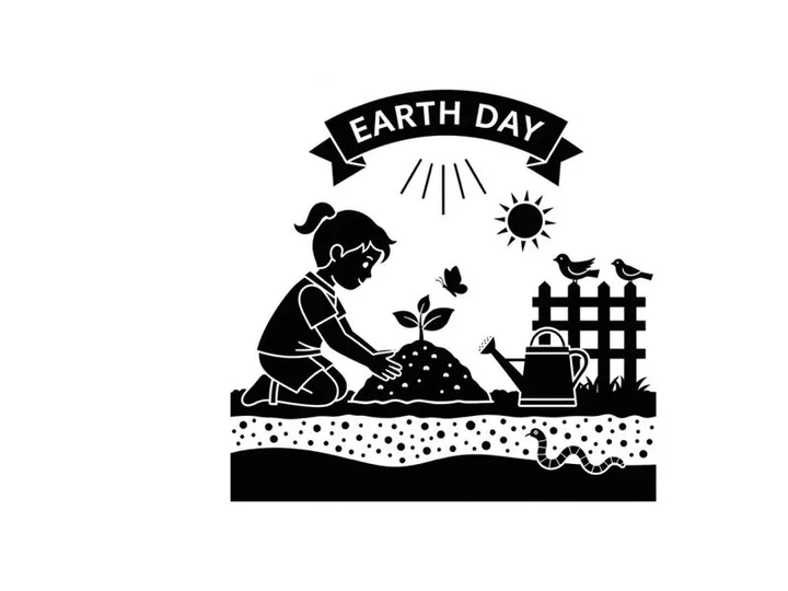 Earth day silhouette of a girl planting a tree with birds and sun