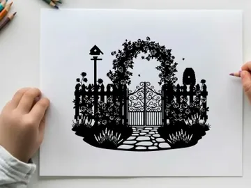 Silhouette of a garden gate with floral arch silhouette preview picture