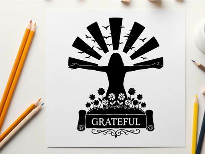 Silhouette of a grateful person with flowers and birds in silhouette