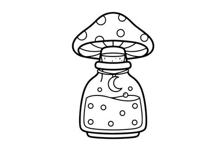 Hand-drawn vintage poison bottle with mushroom stopper. Classic Halloween apothecary jar illustration for spooky decor.