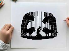Biblical scene silhouette of daniel in the lions den