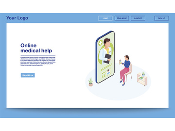 Online medical help isometric webpage template preview picture