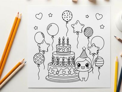 Birthday cake celebration with balloons and stars vector illustration
