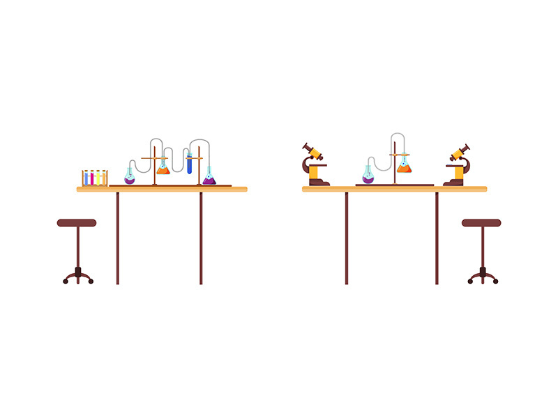 Chemistry desk flat color vector object set
