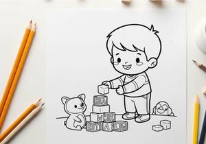 Boy playing with alphabet blocks and toys vector illustration