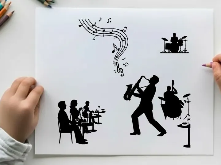 Jazz band silhouette with musical notes and instruments