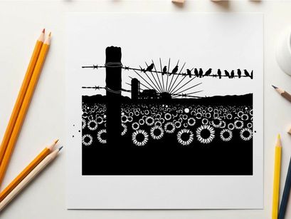 Silhouette of birds on barbed wire fence in sunflower field