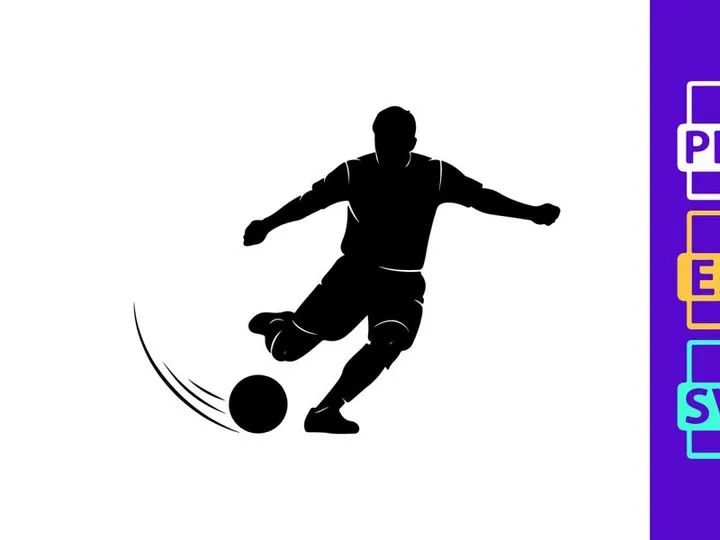 Soccer player kicking a ball in motion silhouette