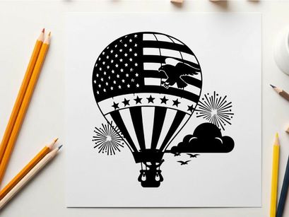 American flag hot air balloon silhouette with fireworks