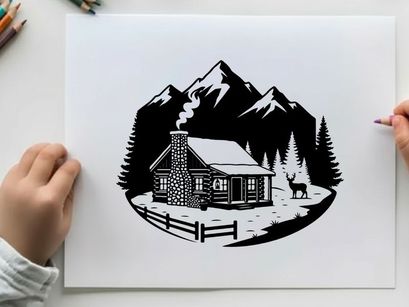 Cozy cabin silhouette in snowy mountain forest landscape