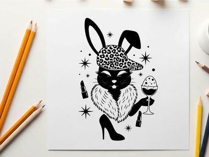 Silhouette of a stylish bunny in a hat and high heels