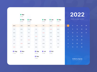 One Page Calendar UI for 2022
