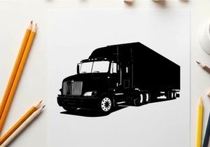 Silhouette of a semi truck with trailer in a city setting