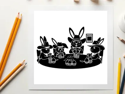 Silhouette of rabbits in hats playing poker with chips and cards
