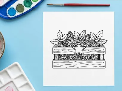 Christmas wooden crate with pine cones and holly leaves line art illustration