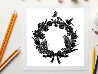 Silhouette of a floral wreath with bow and birds