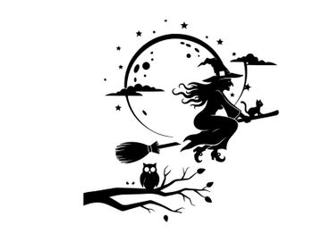 Witch silhouette flying on broomstick under full moon silhouette preview picture