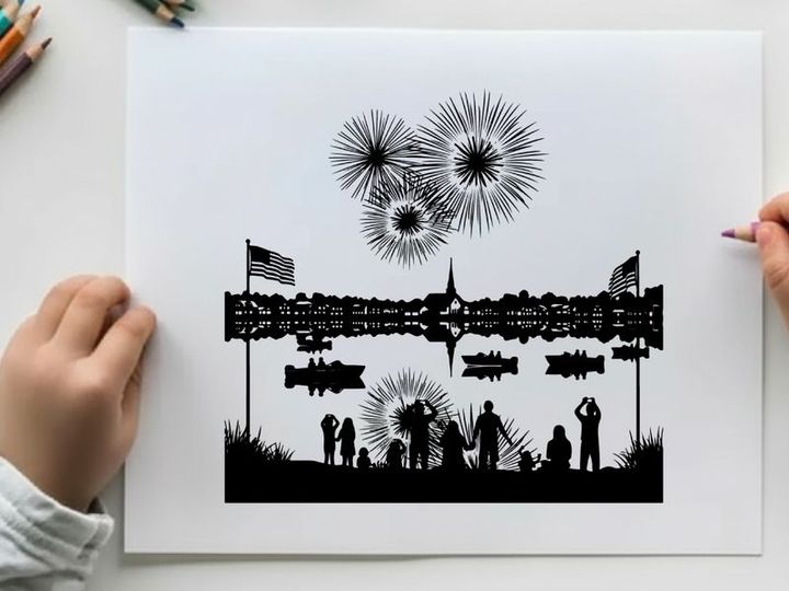 Silhouette of people watching fireworks on a patriotic american cityscape
