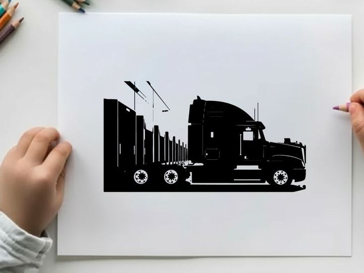 Silhouette of a large black truck with trailer silhouette
