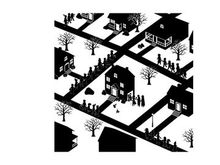 Silhouette of a snowy neighborhood scene with houses and people