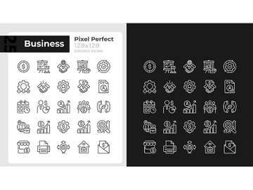 Business management pixel perfect linear icons set for dark, light mode preview picture