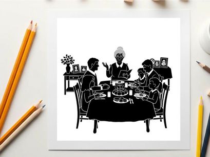 Silhouette of family having dinner with a woman serving food