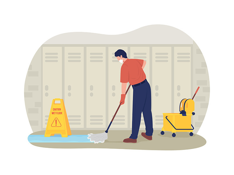 School janitor in the corridor 2D vector isolated illustration