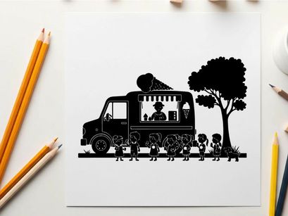 Silhouette of a food truck with people and a tree