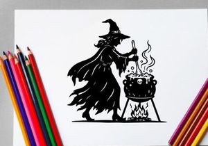 Witch Brewing Potion in Cauldron with Magic Smoke
