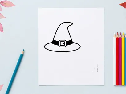 Ikon topi penyihir minimalis untuk desain Halloween. Ilustrasi vektor topi penyihir sederhana hitam putih.