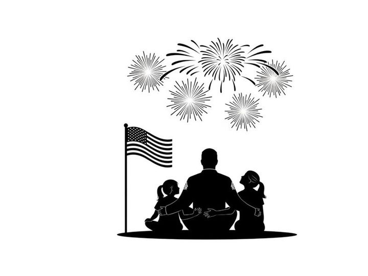 Patriotic family silhouette watching fireworks on 4th of july