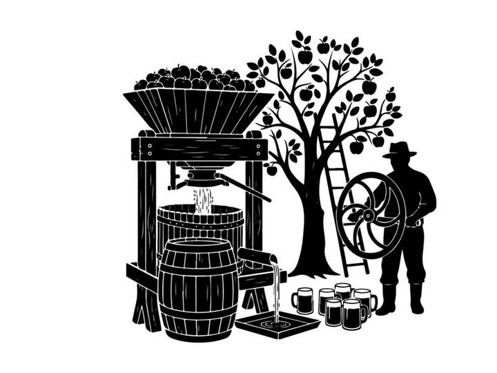 Vintage silhouette of a farmer at a cider press