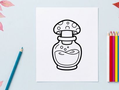 Cute cartoon potion bottle with happy face and steam. Whimsical magic elixir jar for fantasy, Halloween, or game design assets.