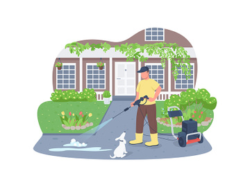 Sidewalk cleaning with power wash gun 2D vector web banner, poster preview picture