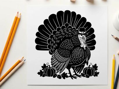 Black and white silhouette of a turkey with pumpkins and leaves
