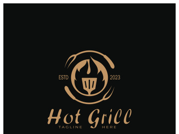 Simple Barbecue Vintage hot grill, with crossed flames and spatula. Logo for restaurant, badge, cafe and bar.vector preview picture