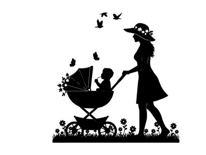 Silhouette of woman pushing baby stroller in garden with flowers