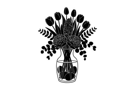 Silhouette of tulips and flowers in a vase on white background