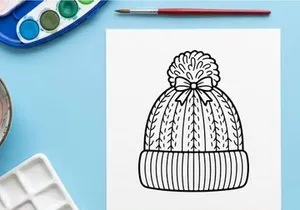 Christmas winter beanie hat with pom pom and bow line art illustration