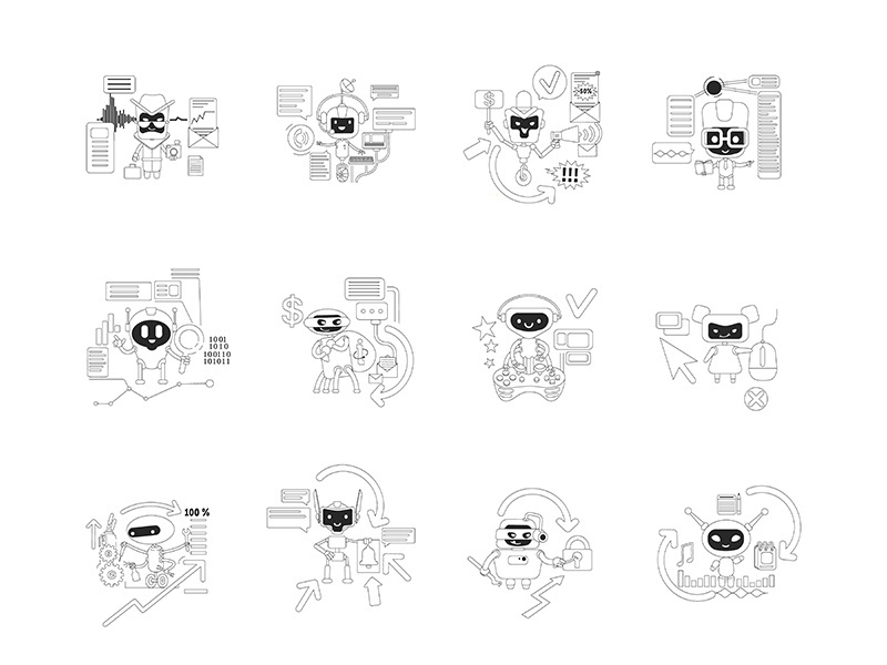Good and bad bots thin line concept vector illustrations set