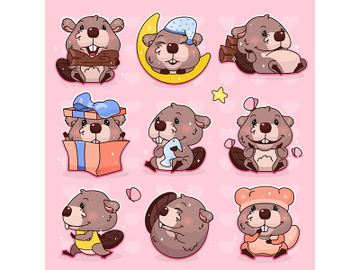 Cute beaver kawaii cartoon vector character set preview picture