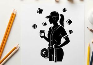 Silhouette of a female baseball player with coffee cup