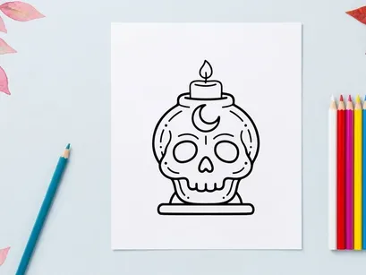 Day of the Dead sugar skull candle holder with flame. Hand-drawn Halloween calavera decor for festive home styling.