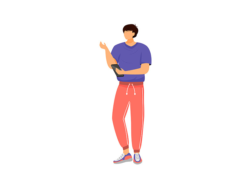 Man with smartphone, online customer flat color vector faceless character